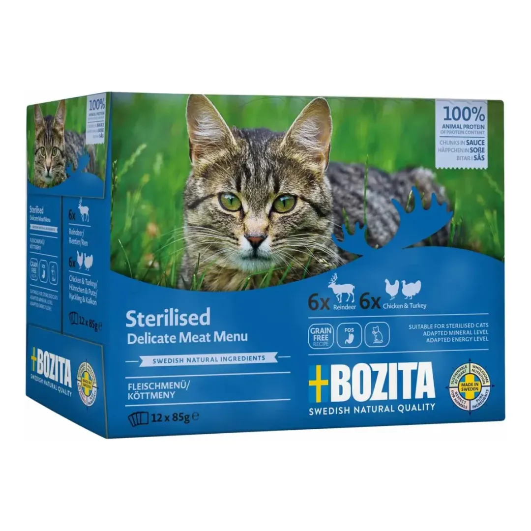 Bozita - Swedish natural quality Bozita Sterilised Kød i sovs 12 x 85 g - rensdyr, kylling og kalkun