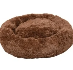Flamingo Cushion Krems fluffy rund hundeseng medium mørkebrun