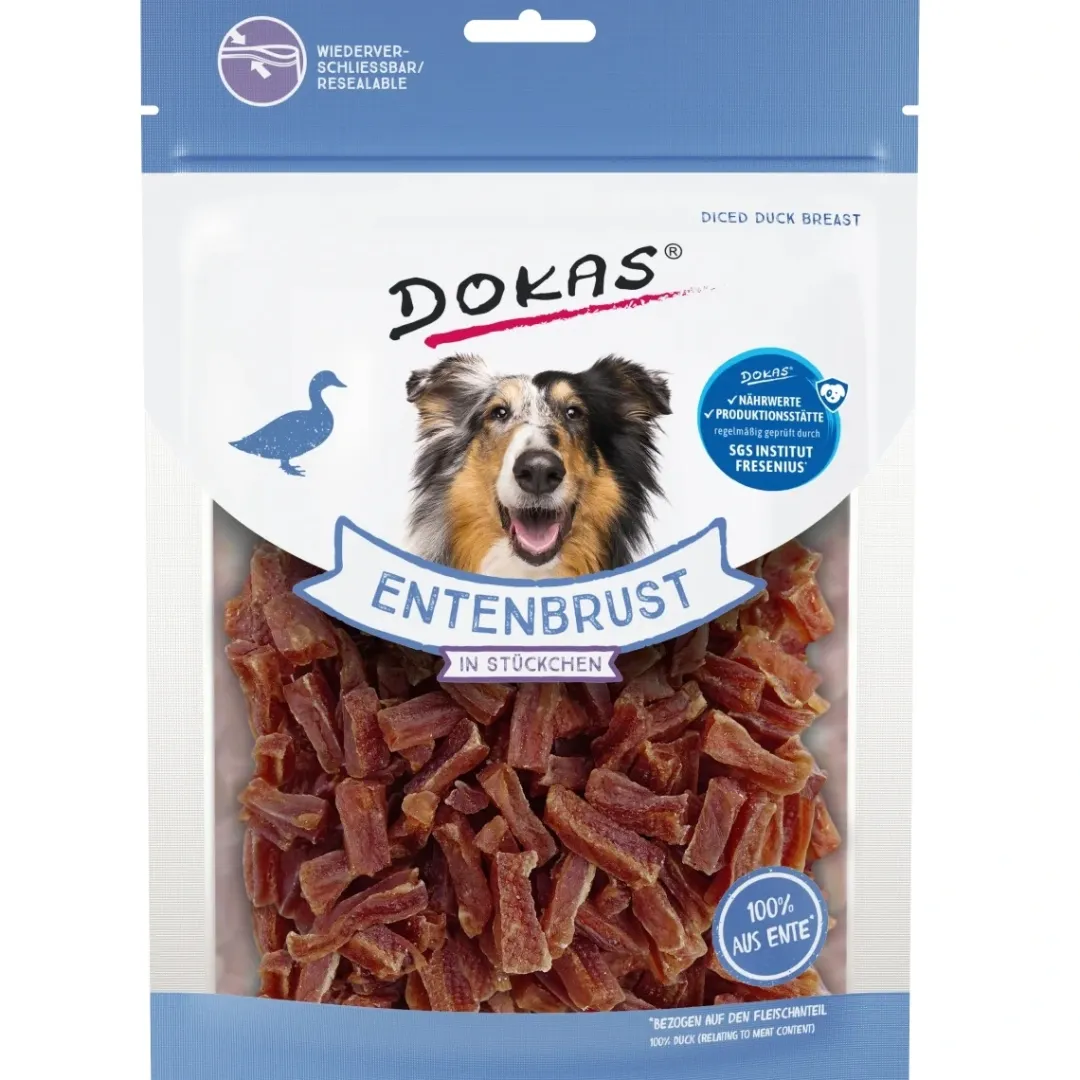 Dokas Premium Hunde og Kattesnacks Dokas Tern af andebryst 200 g - store poser med lækre hundesnacks