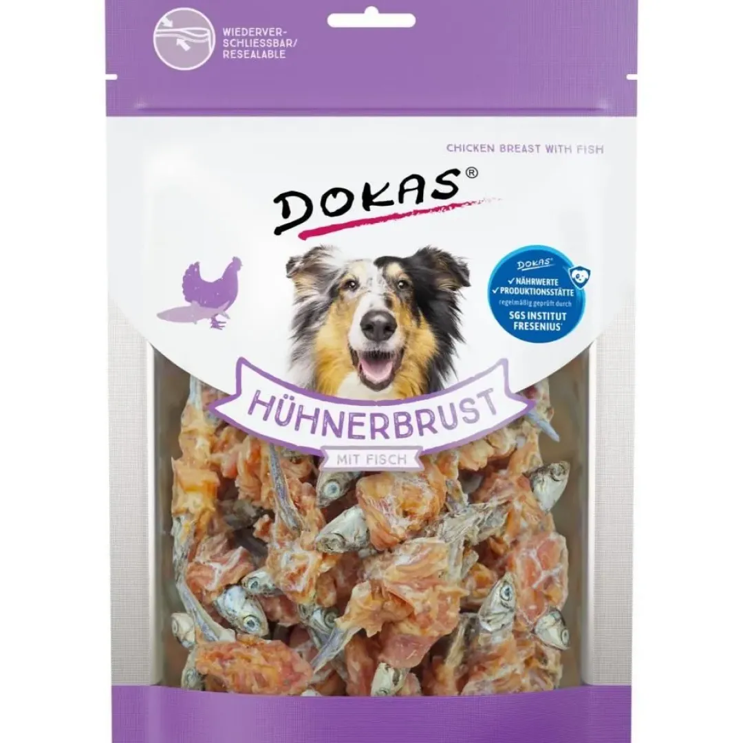 Dokas Premium Hunde og Kattesnacks Dokas Tørret kyllingebryst med fisk 220 g - lækker hundesnack i stor pose