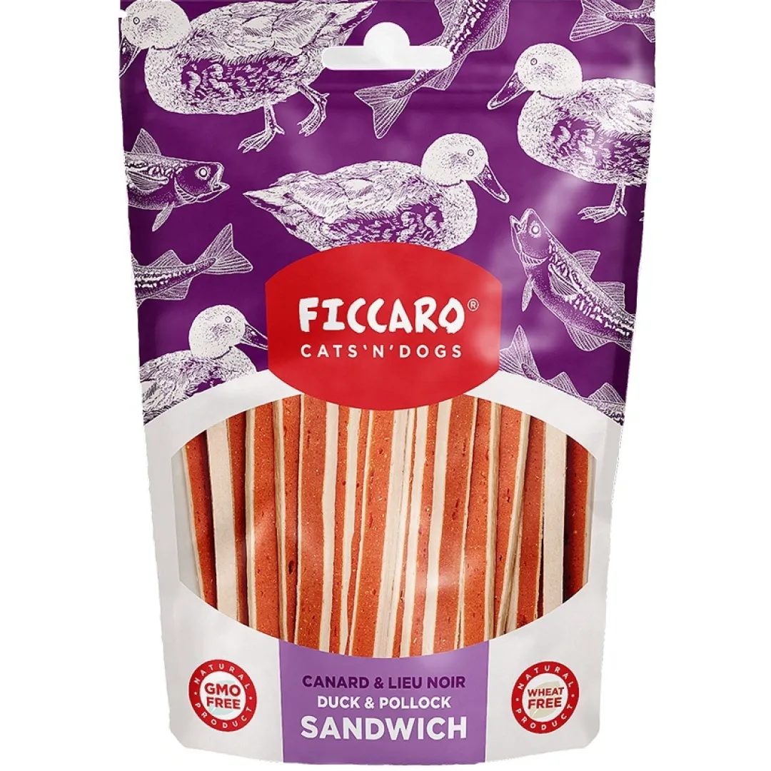 Ficcaro Katte og Hundesnack FICCARO Hundesnack And & Sej Sandwich - and og sej i sandwichstykker 100 g