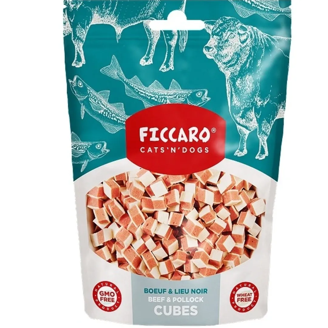 Ficcaro Katte og Hundesnack FICCARO Hundesnack Okse & Sej Cubes - bløde tern af okse og sej 100 g