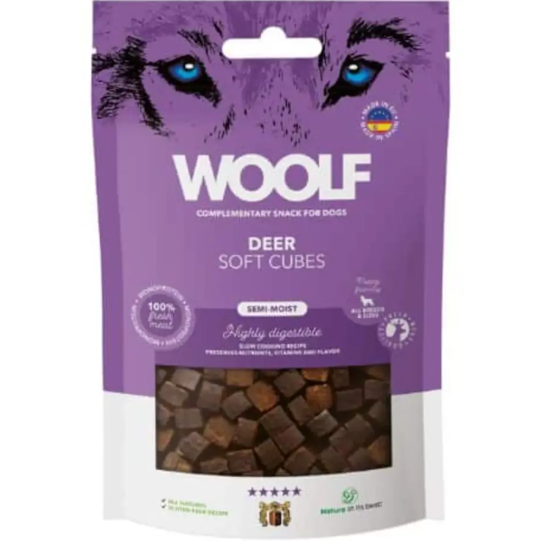 Woolf HundeSnacks og Kattesnack Woolf Hundesnack Bløde Terninger med Hjort - monoprotein 100 g
