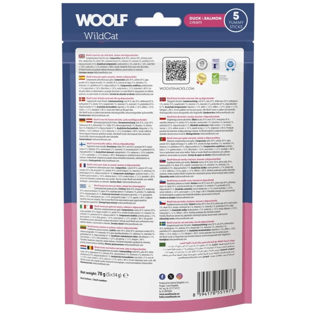 Woolf HundeSnacks og Kattesnack Woolf Wildcat Cream 5 stk - Flydende kattegodbid med and og laks